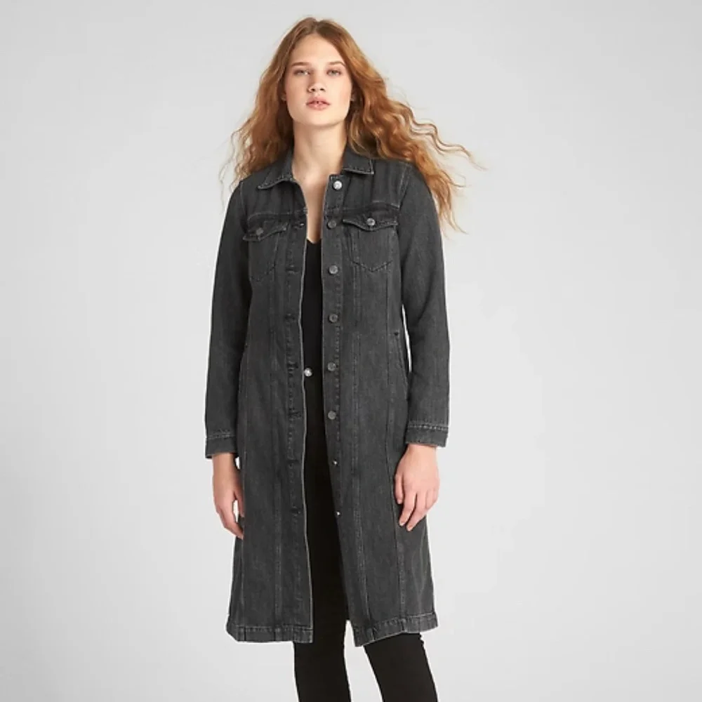 GAP Long Sleeve Denim Dress Icon Denim Duster Jacket Grey  Black M